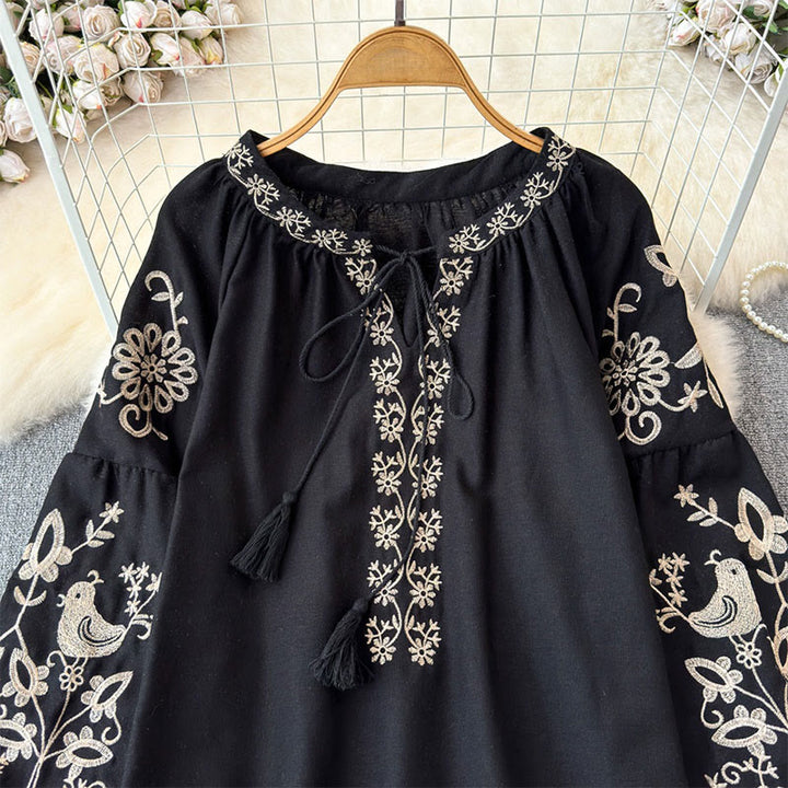 Chemise femme Olivenorma à manches lanternes et broderies d'oiseaux et de fleurs