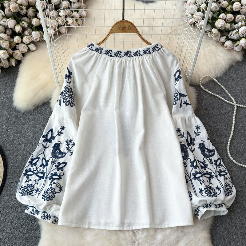 Chemise femme Olivenorma à manches lanternes et broderies d'oiseaux et de fleurs