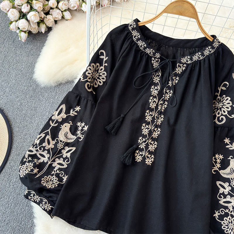 Chemise femme Olivenorma à manches lanternes et broderies d'oiseaux et de fleurs
