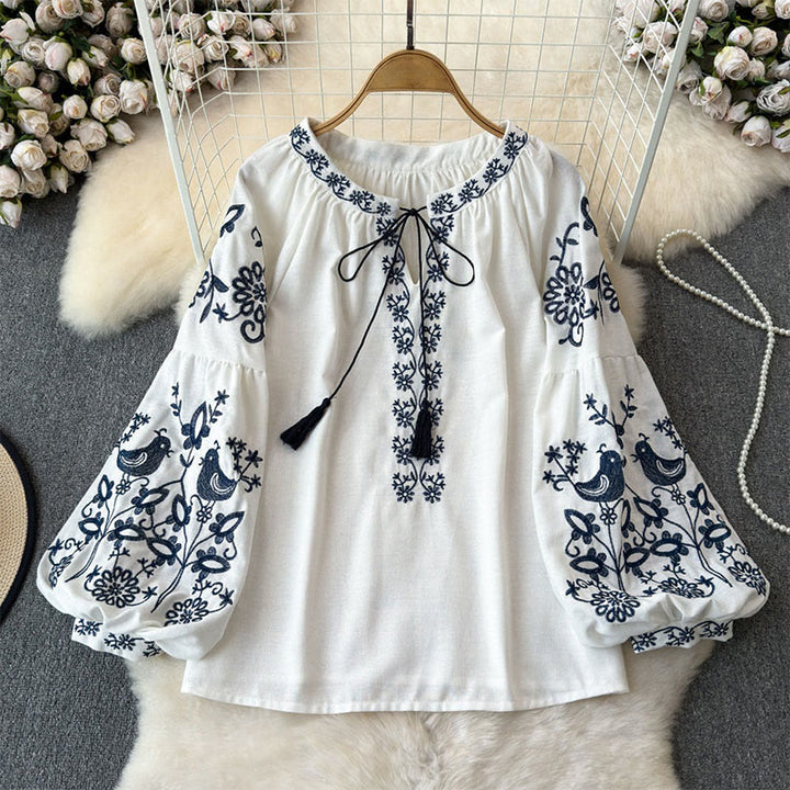 Chemise femme Olivenorma à manches lanternes et broderies d'oiseaux et de fleurs