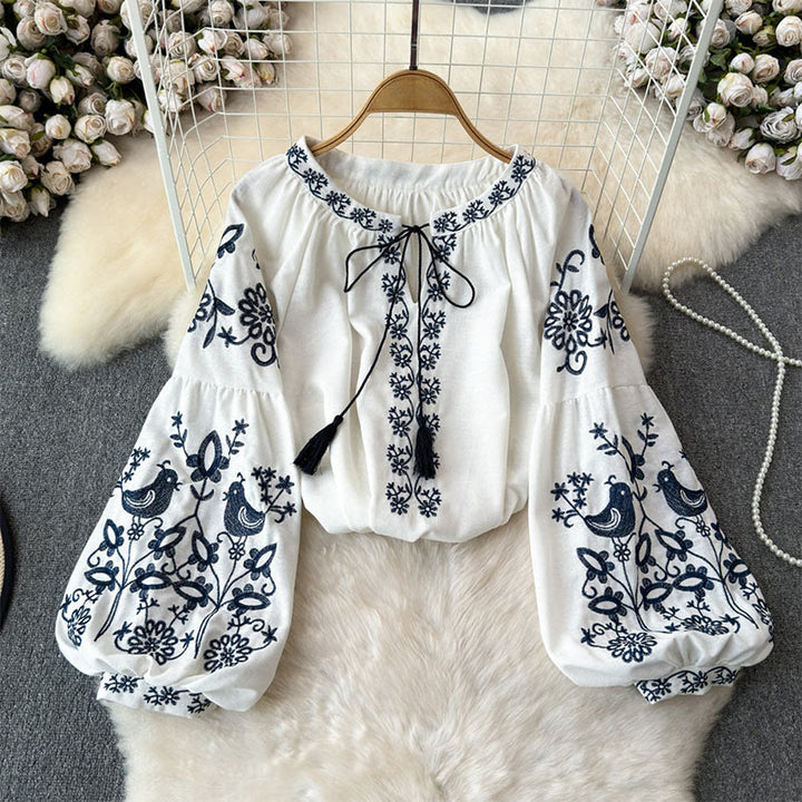 Chemise femme Olivenorma à manches lanternes et broderies d'oiseaux et de fleurs