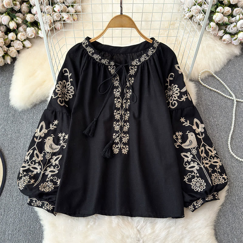 Chemise femme Olivenorma à manches lanternes et broderies d'oiseaux et de fleurs