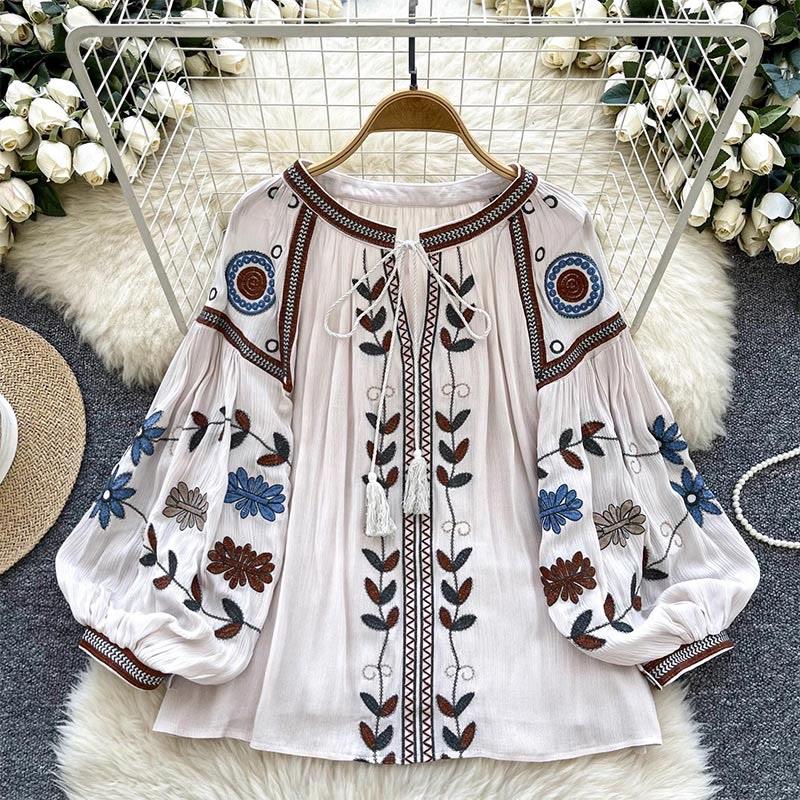 Chemise femme Olivenorma vintage brodée style cour européenne - Abricot - Taille unique - image 9