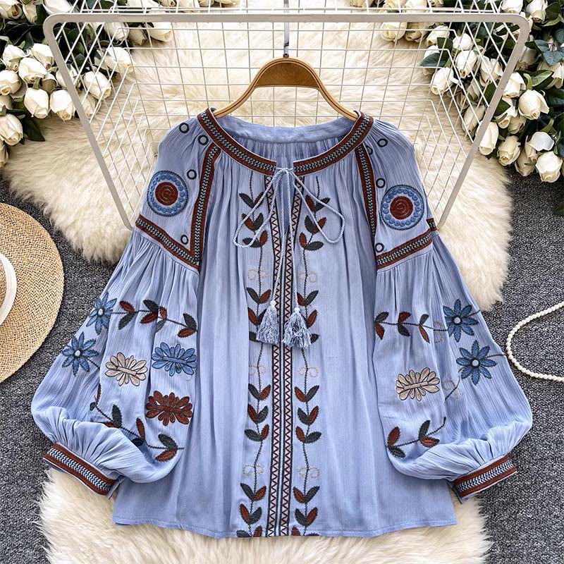 Chemise femme Olivenorma vintage brodée style cour européenne - Bleu - Taille unique - image 0