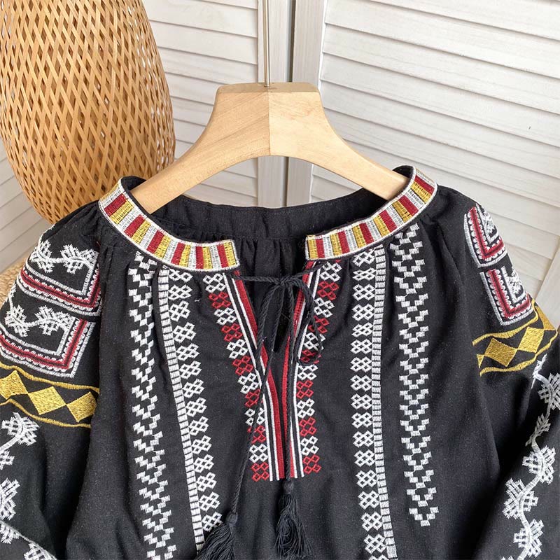 Chemise femme Olivenorma à manches lanternes et broderies style bohème