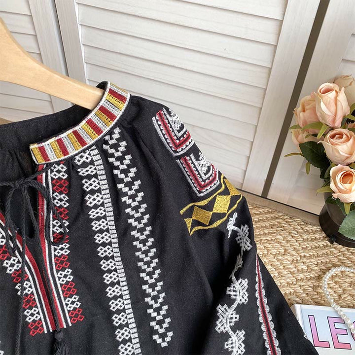 Chemise femme Olivenorma à manches lanternes et broderies style bohème