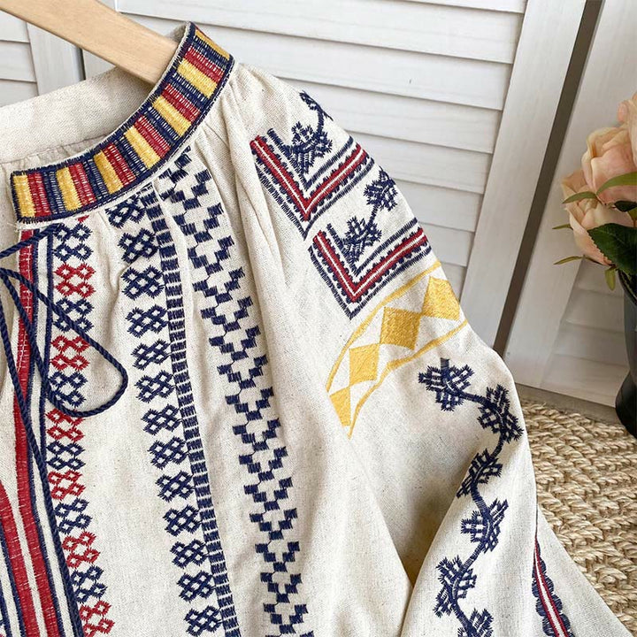Chemise femme Olivenorma à manches lanternes et broderies style bohème