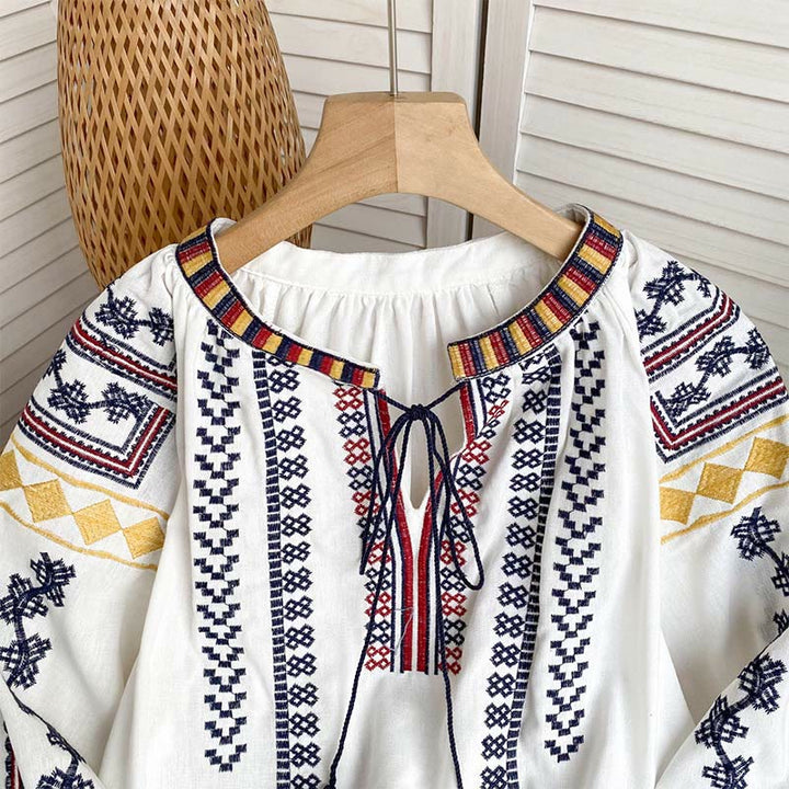 Chemise femme Olivenorma à manches lanternes et broderies style bohème