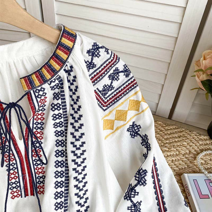 Chemise femme Olivenorma à manches lanternes et broderies style bohème - image 10