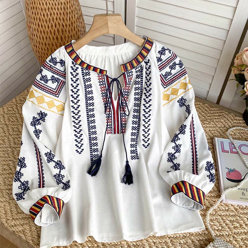 Chemise femme Olivenorma à manches lanternes et broderies style bohème