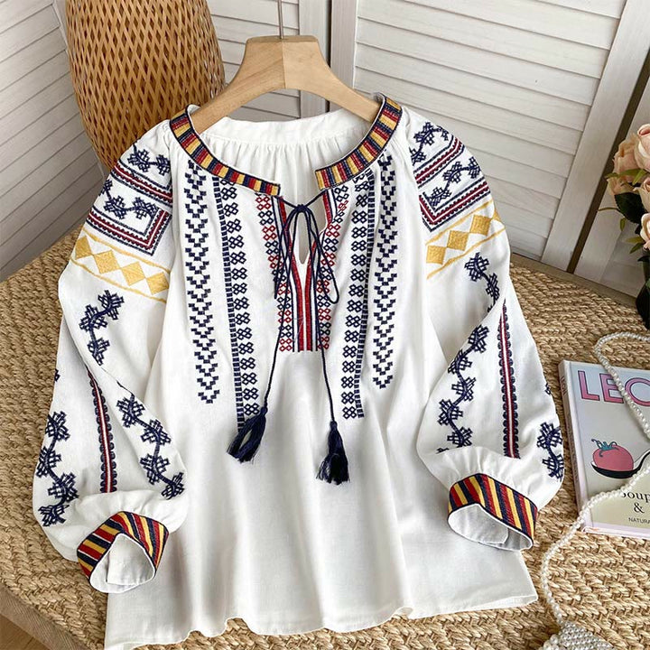 Chemise femme Olivenorma à manches lanternes et broderies style bohème