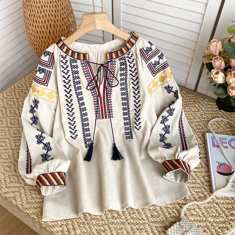 Chemise femme Olivenorma à manches lanternes et broderies style bohème - Abricot - Taille unique - image 0