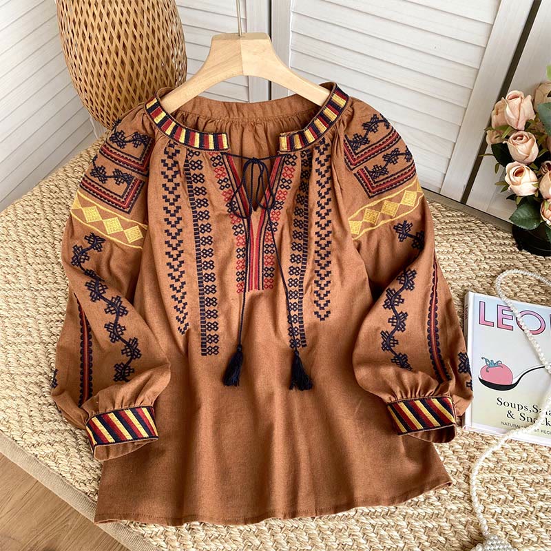 Chemise femme Olivenorma à manches lanternes et broderies style bohème - Brun - Taille unique - image 17