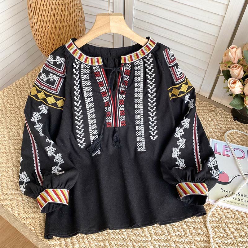 Chemise femme Olivenorma à manches lanternes et broderies style bohème - Noir - Taille unique - image 13