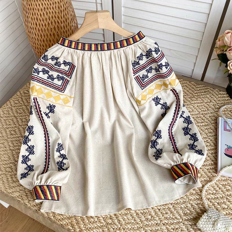 Chemise femme Olivenorma à manches lanternes et broderies style bohème - image 1