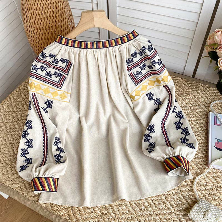 Chemise femme Olivenorma à manches lanternes et broderies style bohème - image 1