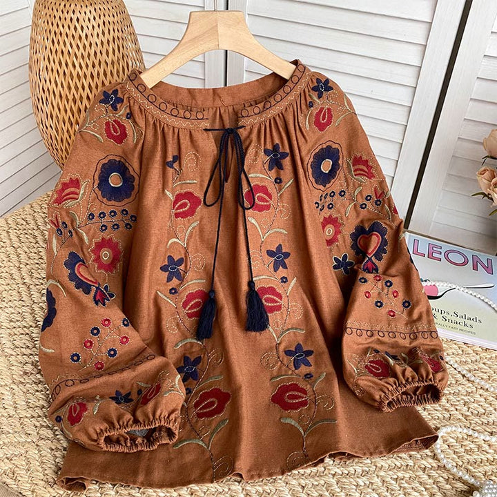 Chemise femme Olivenorma Sweet Retro à manches lanternes et broderies - Brun - image 10