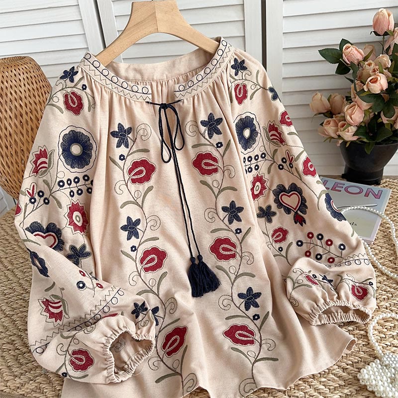 Chemise femme Olivenorma Sweet Retro à manches lanternes et broderies - Abricot - image 4