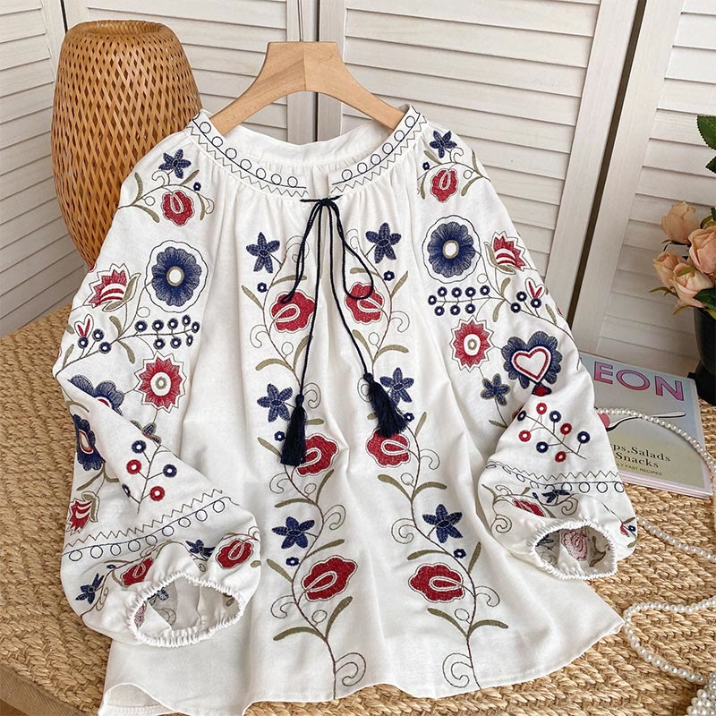 Chemise femme Olivenorma Sweet Retro à manches lanternes et broderies - Blanc - image 0