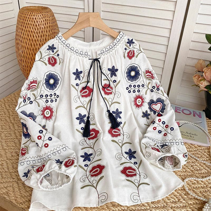 Chemise femme Olivenorma Sweet Retro à manches lanternes et broderies - Blanc - image 0