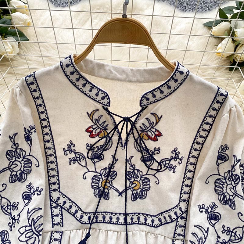 Chemise femme Olivenorma Boho Holiday brodée à manches lanternes