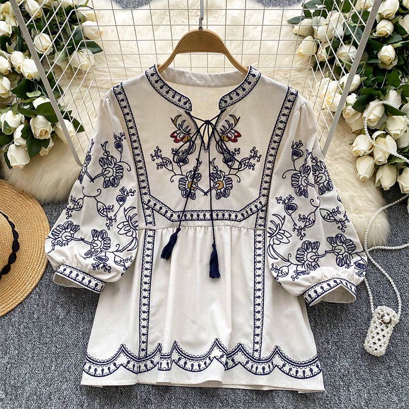 Chemise femme Olivenorma Boho Holiday brodée à manches lanternes
