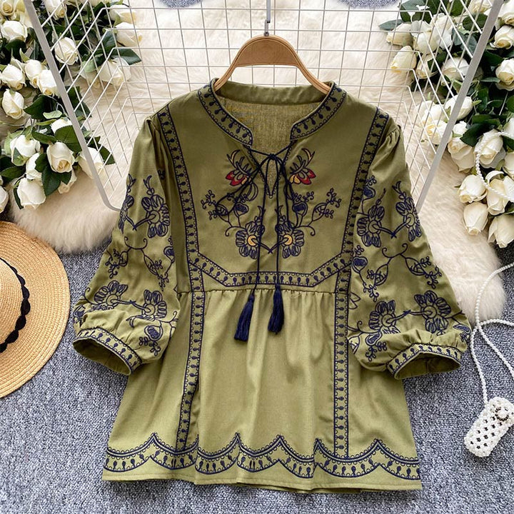 Chemise femme Olivenorma Boho Holiday brodée à manches lanternes - Vert - Taille unique - image 0