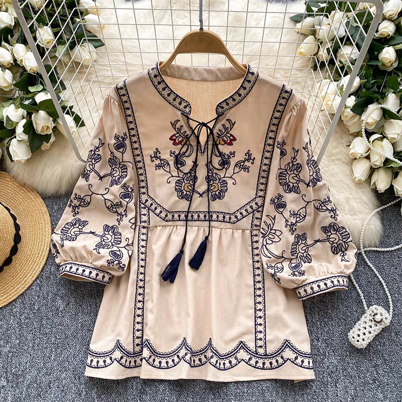 Chemise femme Olivenorma Boho Holiday brodée à manches lanternes - Racine de lotus rose - Taille unique - image 14