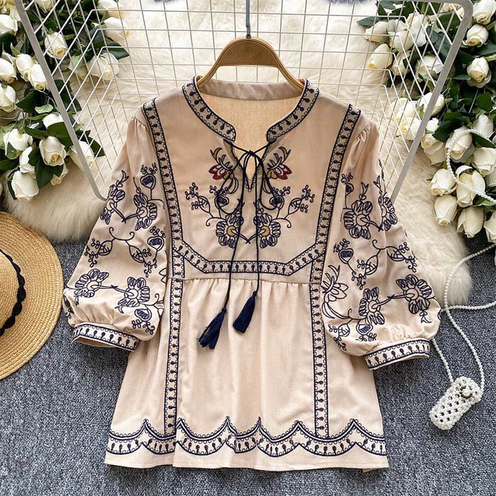 Chemise femme Olivenorma Boho Holiday brodée à manches lanternes - Racine de lotus rose - Taille unique - image 14