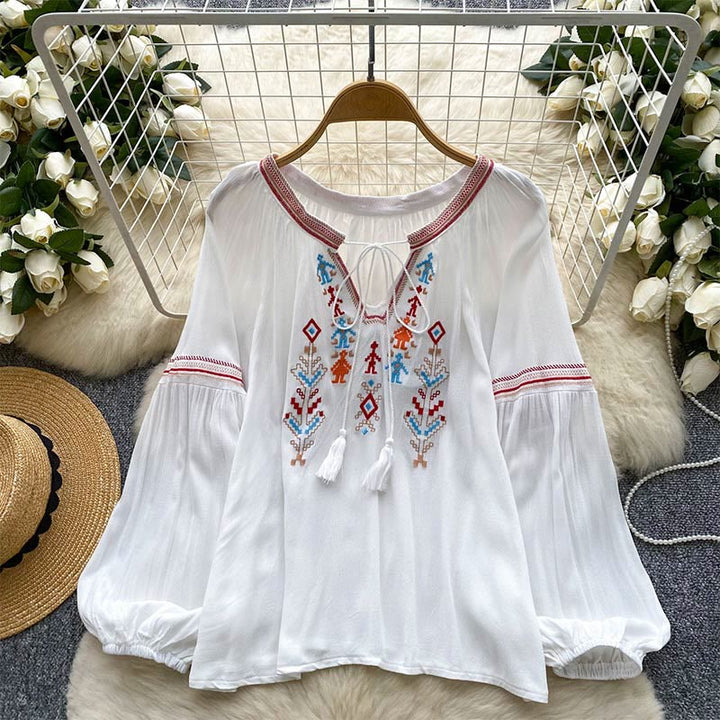 Chemise femme Olivenorma à manches lanternes et broderies de style indien - Blanc - Taille unique - image 0