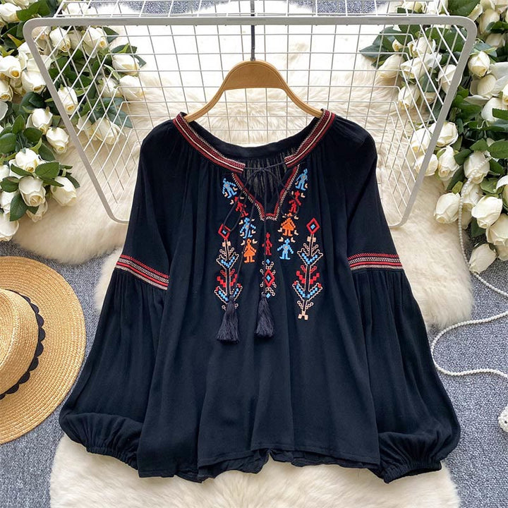 Chemise femme Olivenorma à manches lanternes et broderies de style indien - Noir - Taille unique - image 4