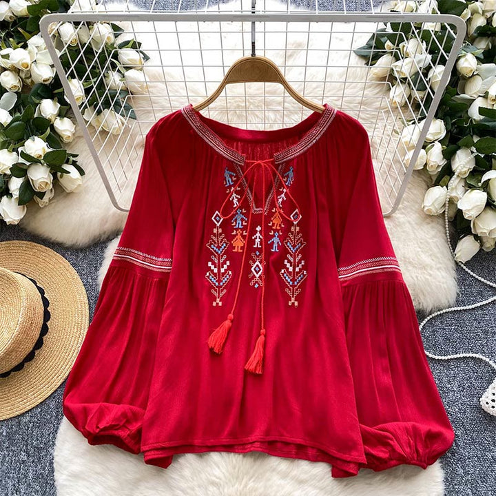 Chemise femme Olivenorma à manches lanternes et broderies de style indien - Rouge - Taille unique - image 8