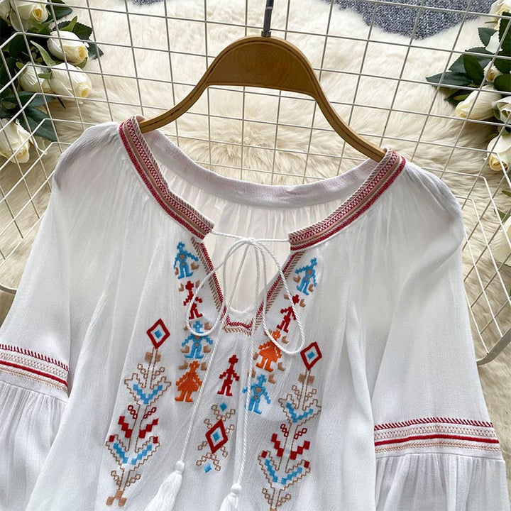 Chemise femme Olivenorma à manches lanternes et broderies de style indien - image 1
