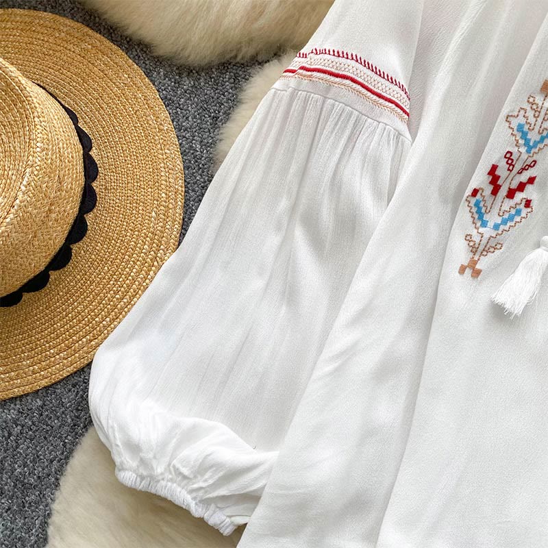 Chemise femme Olivenorma à manches lanternes et broderies de style indien