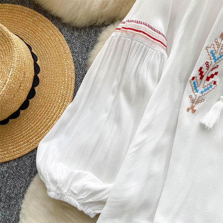 Chemise femme Olivenorma à manches lanternes et broderies de style indien