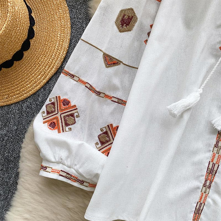 Chemise femme Olivenorma à manches lanternes et broderies de style ethnique