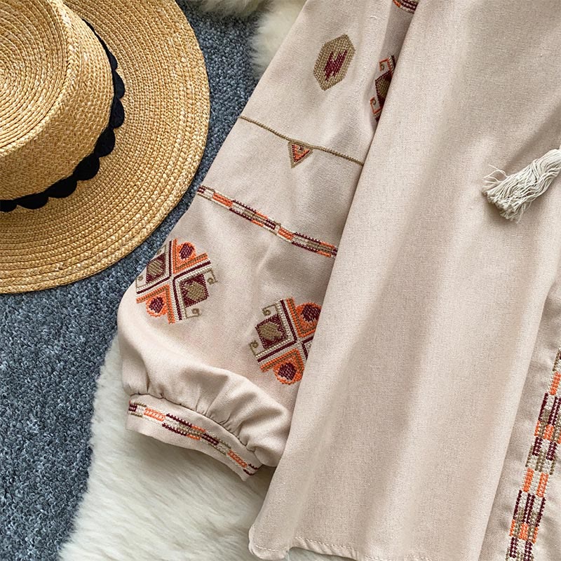 Chemise femme Olivenorma à manches lanternes et broderies de style ethnique