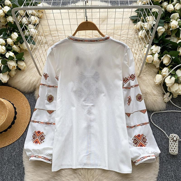 Chemise femme Olivenorma à manches lanternes et broderies de style ethnique