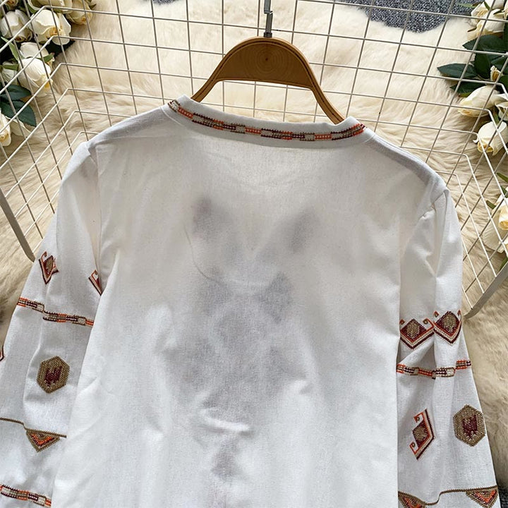 Chemise femme Olivenorma à manches lanternes et broderies de style ethnique