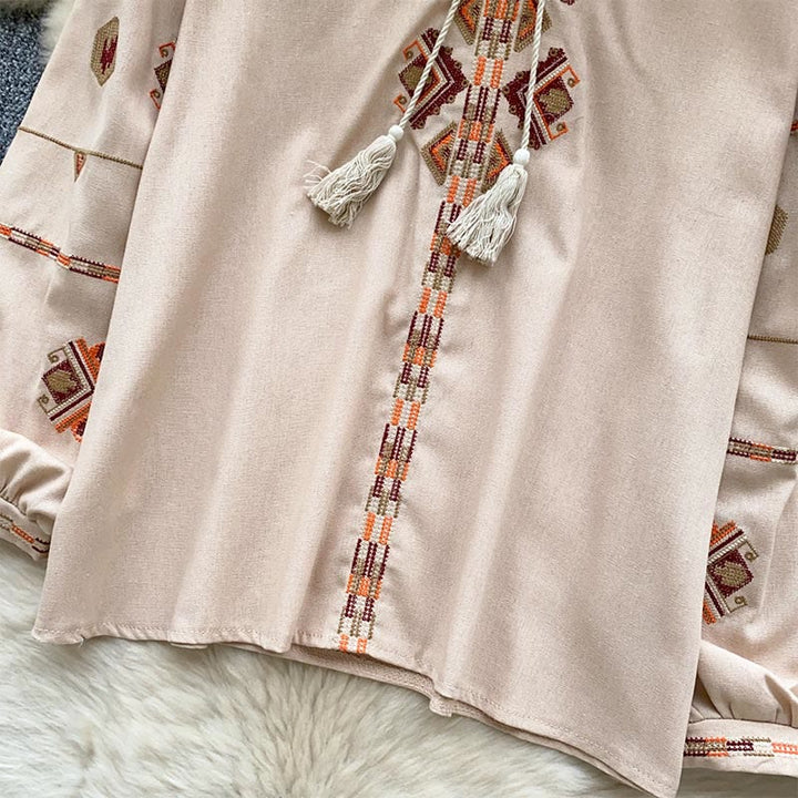 Chemise femme Olivenorma à manches lanternes et broderies de style ethnique