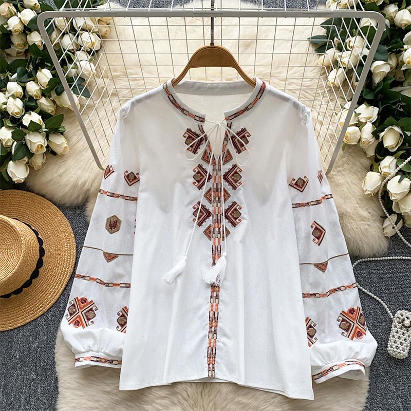 Chemise femme Olivenorma à manches lanternes et broderies de style ethnique - Blanc - Taille unique - image 0