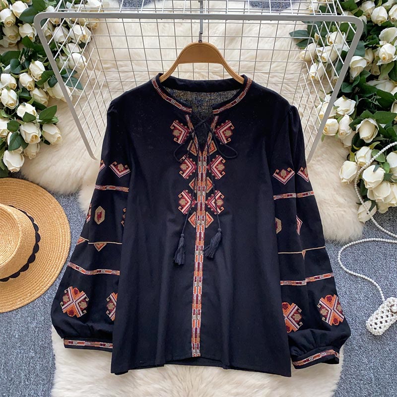 Chemise femme Olivenorma à manches lanternes et broderies de style ethnique - Noir - Taille unique - image 12