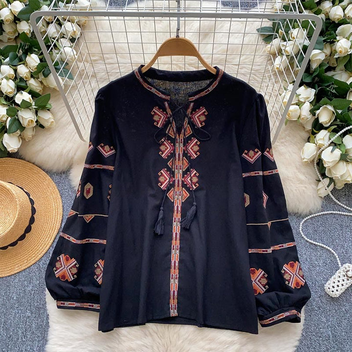 Chemise femme Olivenorma à manches lanternes et broderies de style ethnique - Noir - Taille unique - image 12