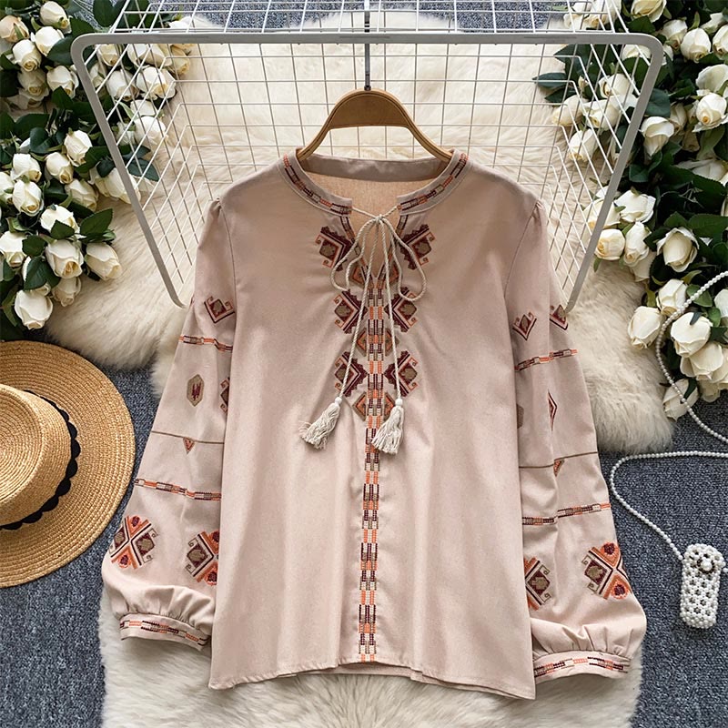 Chemise femme Olivenorma à manches lanternes et broderies de style ethnique - Kaki - Taille unique - image 8