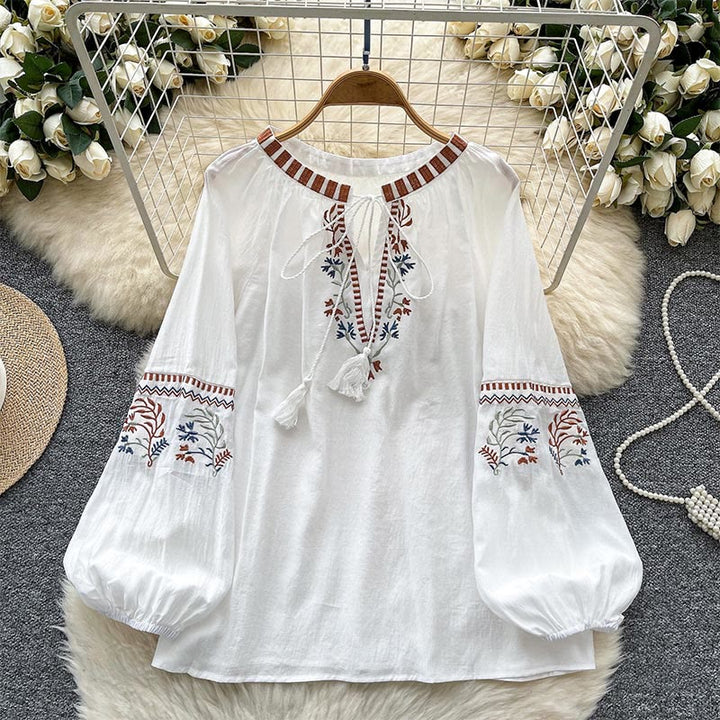 Chemise femme Olivenorma à broderie rétro littéraire et fraîche - Blanc - image 0