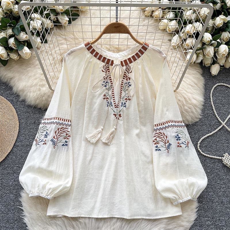 Chemise femme Olivenorma à broderie rétro littéraire et fraîche - Blanc cassé - image 2