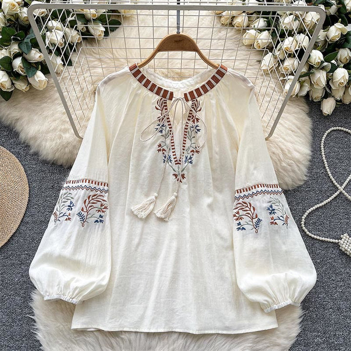 Chemise femme Olivenorma à broderie rétro littéraire et fraîche - Blanc cassé - image 2