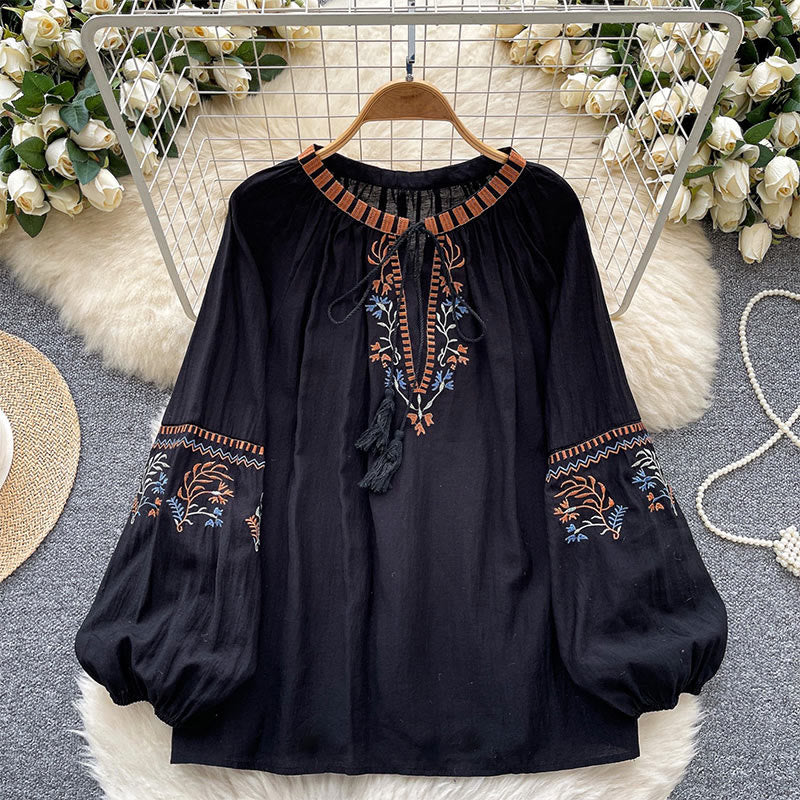 Chemise femme Olivenorma à broderie rétro littéraire et fraîche - Noir - image 7