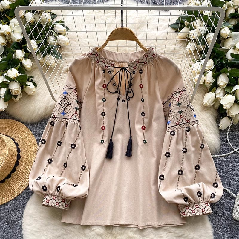 Chemise femme Olivenorma à manches lanternes et broderies florales vintage - Abricot - Taille unique - image 4