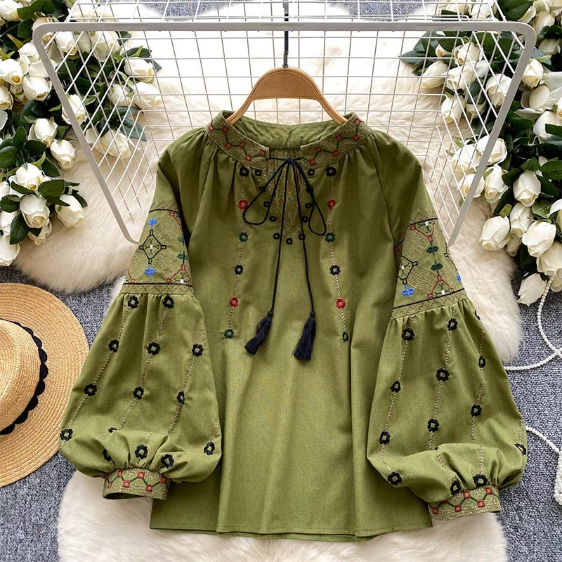 Chemise femme Olivenorma à manches lanternes et broderies florales vintage - Vert - Taille unique - image 0
